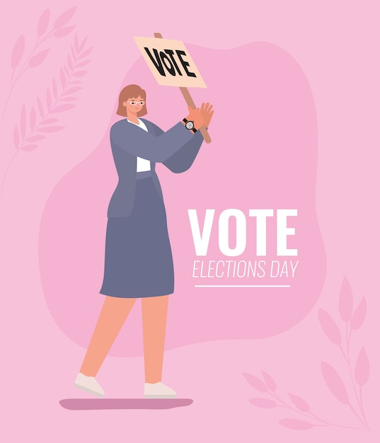 Vector dibujos animados de mujer con diseño de banner y hojas de voto, día de elecciones de voto y tema de gobierno.