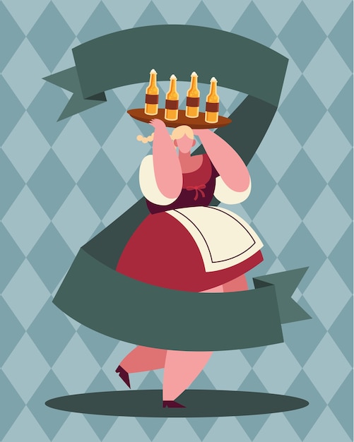 Vector dibujos animados de mujer con diseño de botellas de cerveza, tema de celebración y festival alemán oktoberfest