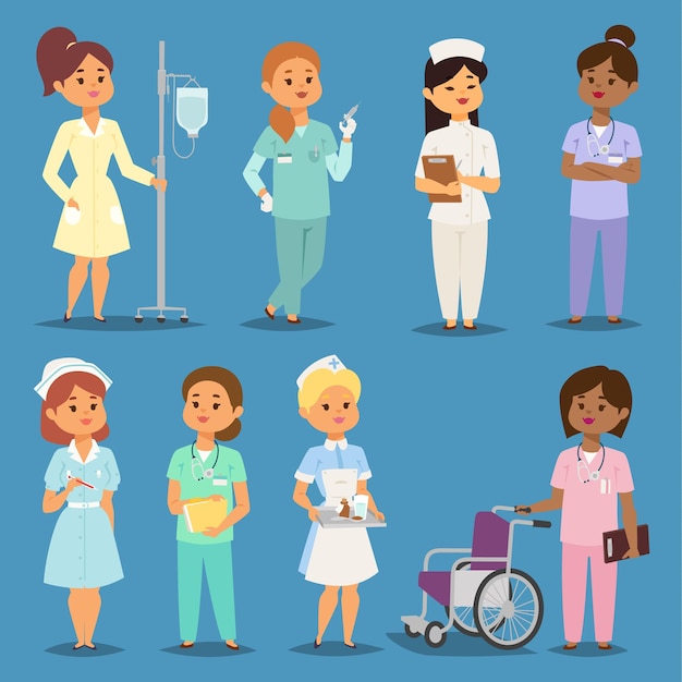 Dibujos animados mujer doctores enfermeras niña reunión hospital personas enfermeras personaje femenino uniforme enfermeras