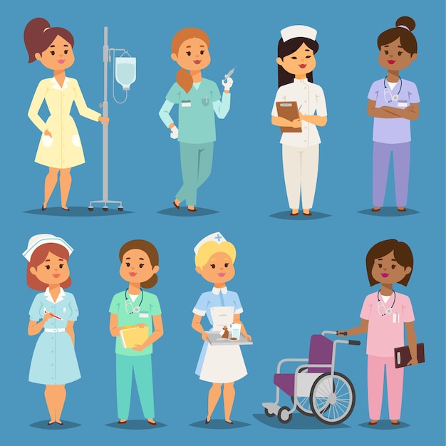 Vector dibujos animados mujer doctores enfermeras niña reunión hospital personas enfermeras personaje femenino uniforme enfermeras