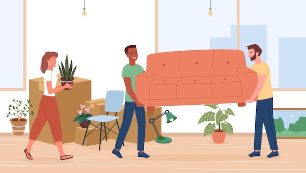 Dibujos animados mujer feliz maceta personajes de hombre joven sosteniendo muebles de sofá preparando pertenencias