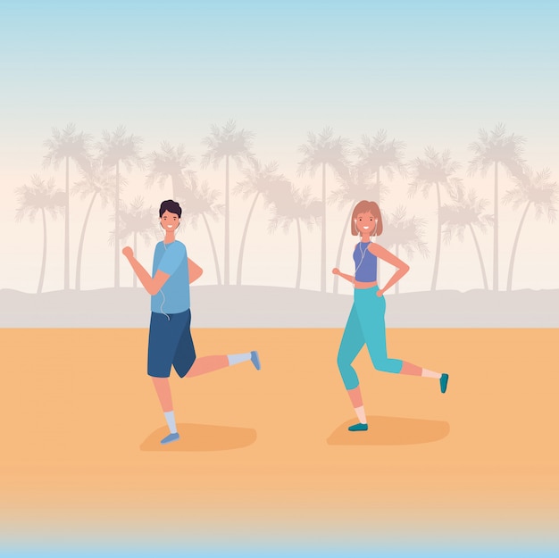 Dibujos animados de mujer y hombre corriendo en la playa diseño vectorial