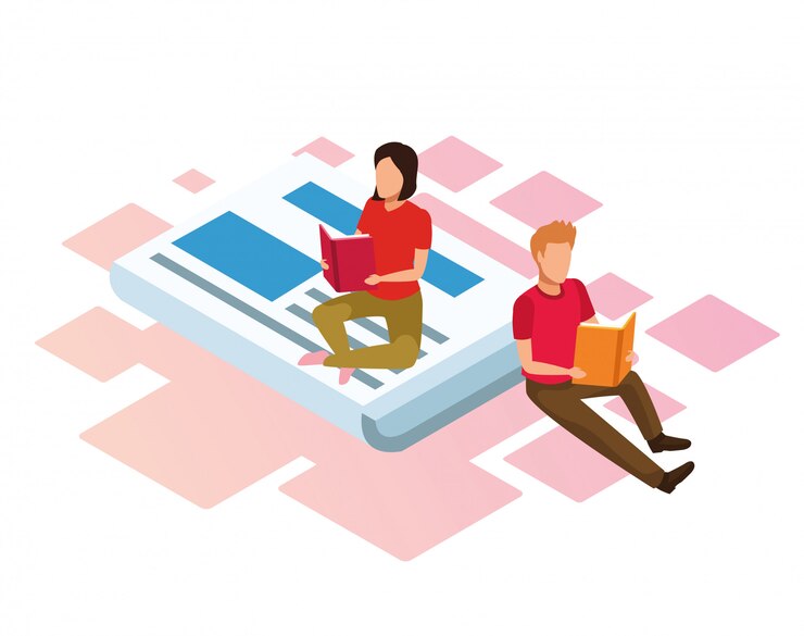 Vector dibujos animados mujer y hombre leyendo libros sentado en el periódico en blanco