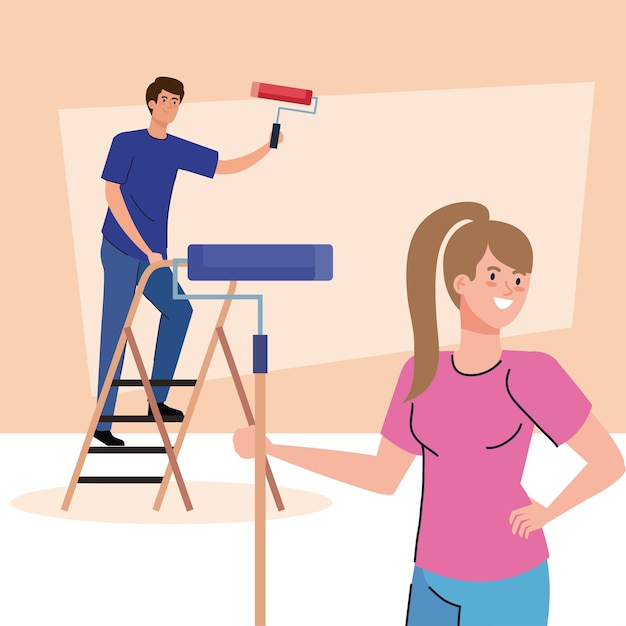 Vector dibujos animados de mujer y hombre pintando con rollo y diseño de escalera de remodelación, construcción, trabajo y reparación