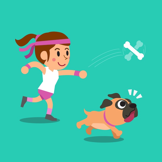 Vector dibujos animados de una mujer jugando con su perro pug