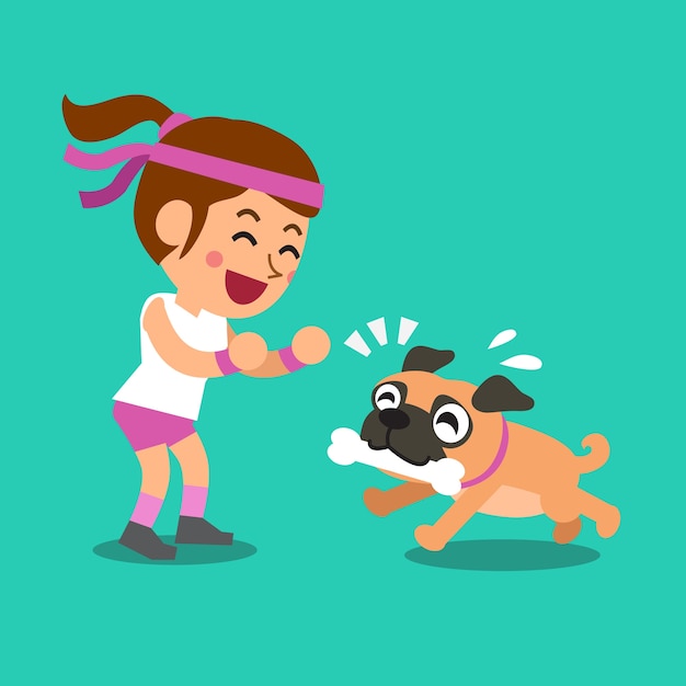 Vector dibujos animados de una mujer jugando con su perro pug