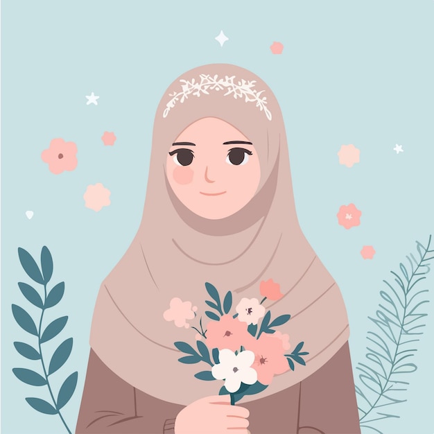 Vector dibujos animados de una mujer musulmana con un ramo de flores en estilo de diseño plano