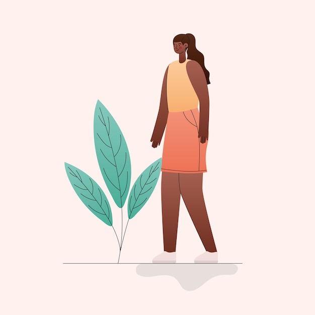 Dibujos animados de mujer negra con diseño de hojas, tema de redes sociales y humanos
