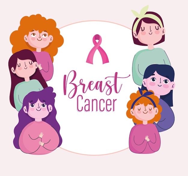 Dibujos animados de mujeres jóvenes de cáncer de mama con ilustración de banner de cinta rosa