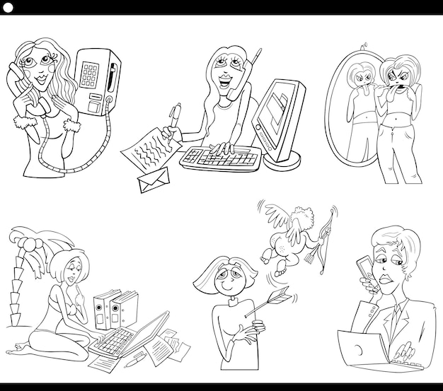 Dibujos animados mujeres personajes cómicos conjunto página para colorear