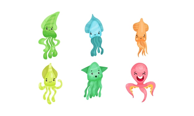 Dibujos animados multicolores medusas lindas pulpo y calamar ilustración vectorial