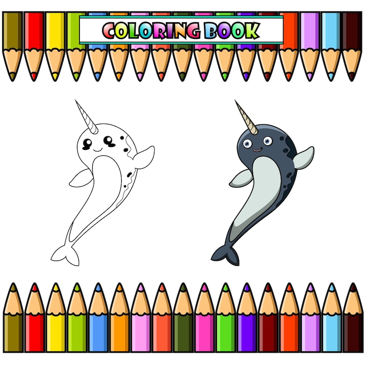 Vector dibujos animados de narval para colorear libro