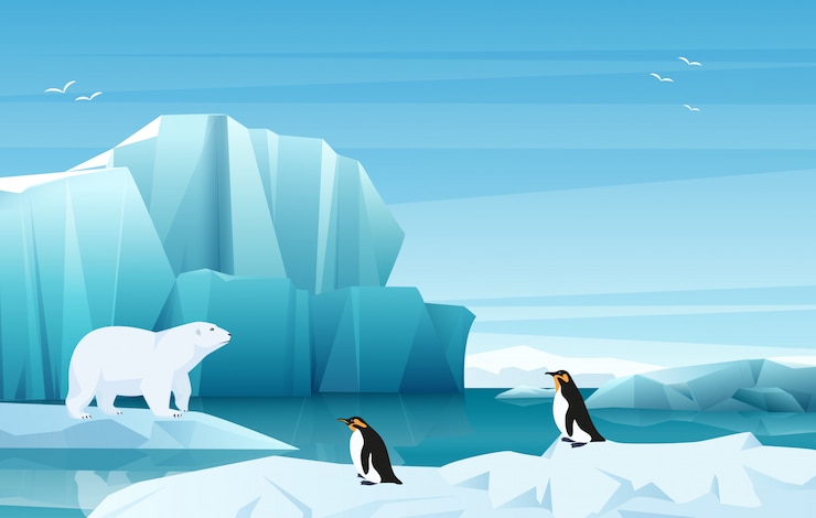 Vector dibujos animados naturaleza invierno paisaje ártico con montañas de hielo. oso blanco y pingüinos. ilustración de estilo de juego.