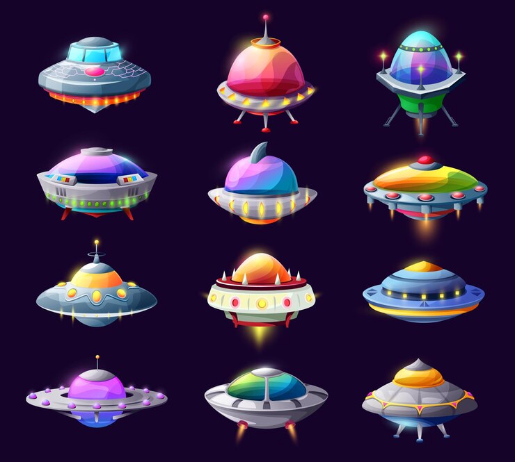Vector dibujos animados de naves espaciales extraterrestres ovni y naves espaciales, platillos vectoriales, cohetes galácticos, lanzaderas extrañas de fantasía. elementos de diseño gráfico de juegos de computadora, naves espaciales divertidas cósmicas con luces brillantes conjunto aislado