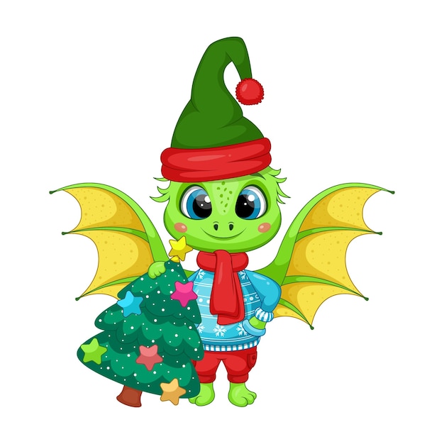 Dibujos animados de Navidad Dragón Verde con Árbol de Navidad Decorado