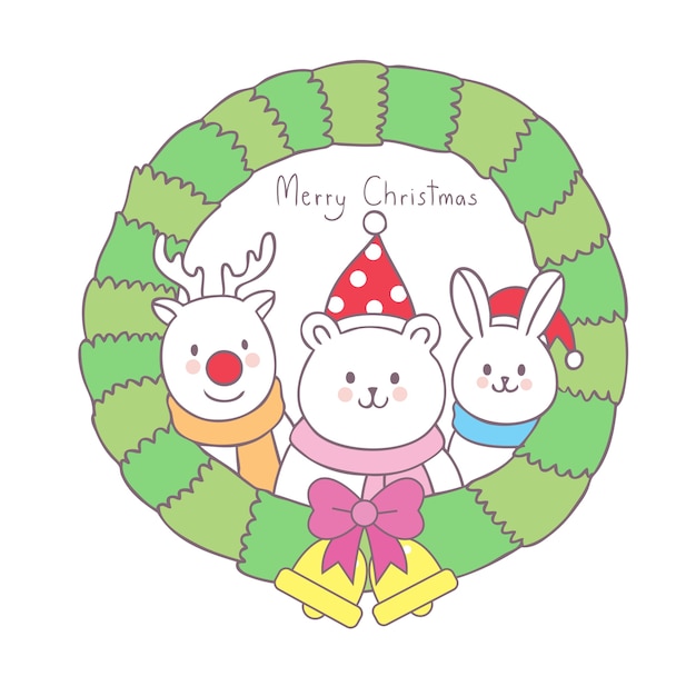 Dibujos animados de Navidad lindo animales y guirnalda vector.