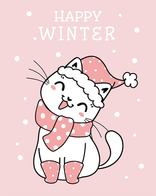 Vector dibujos animados de navidad lindo gatito gato con ropa de invierno rosa, meowy catmas, ilustración lineal de doodle de vector plano