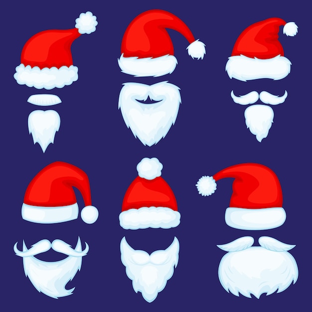 Dibujos animados Navidad santa claus sombreros con barbas o bigotes vector set