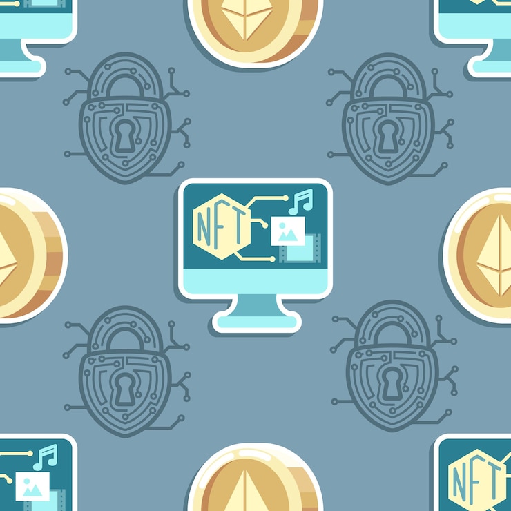 Vector dibujos animados de nft y ethereum de patrones sin fisuras