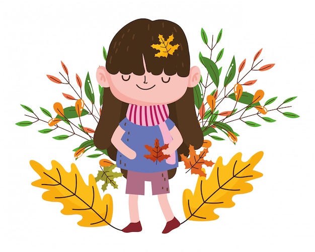 Vector dibujos animados de niña en diseño de temporada de otoño
