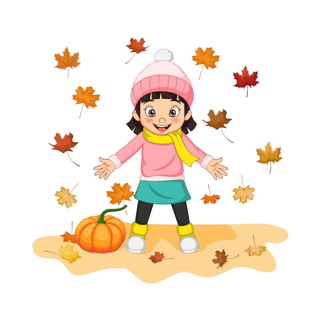 Dibujos animados de niña feliz con calabaza y hojas de otoño