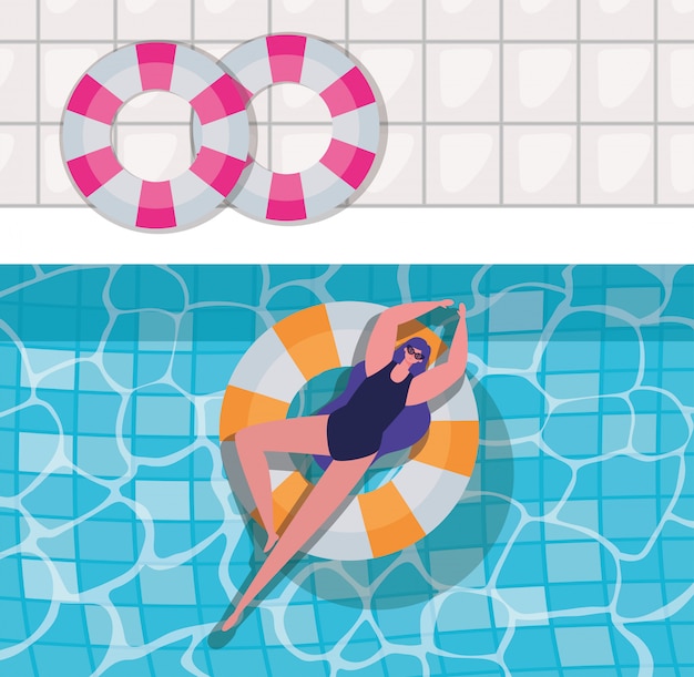 Dibujos animados de niña en flotador en el diseño de vector de vista superior de piscina
