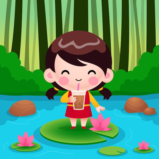 Dibujos animados de niña linda de pie en Lotus, beber té de burbujas o té de perlas