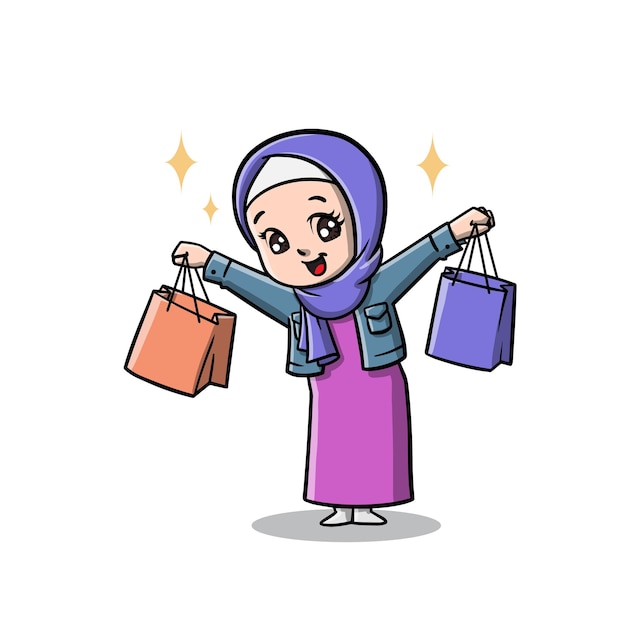 Dibujos animados de niña musulmana hijab compras lindo