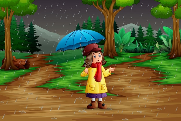 Dibujos animados de una niña con paraguas bajo la lluvia