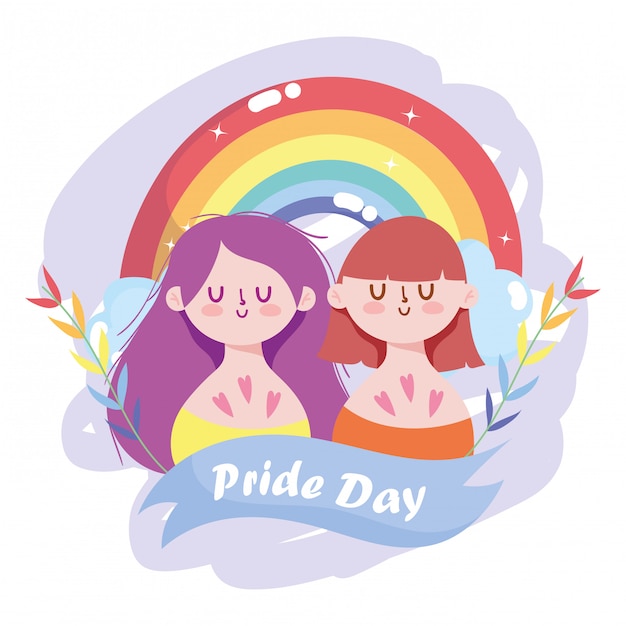 Dibujos animados de niñas con diseño de arco iris y hojas lgtbi