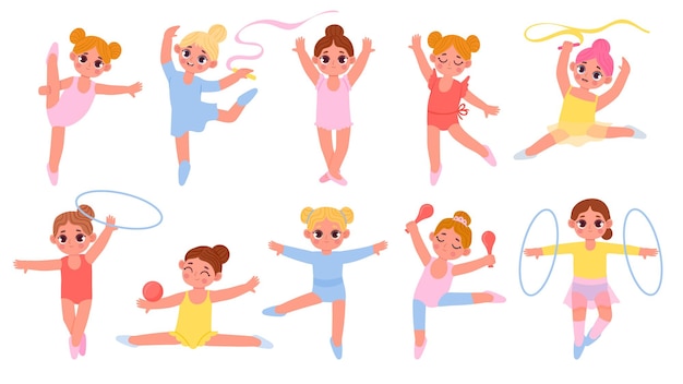 Dibujos animados de niñas gimnasta con cintas, pelota y aro. competencia de clase de gimnasia para niños. conjunto de vectores de ejercicios de gimnasia deportiva y acrobacia | Vector Premium Dibujos animados de niñas gimnasta con cintas, pelota y aro. competencia de clase de gimnasia para niños. conjunto de vectores de ejercicios de gimnasia deportiva y acrobacia | Vector Premium