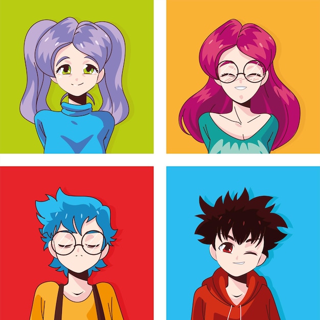 Vector dibujos animados de niñas y niños manga