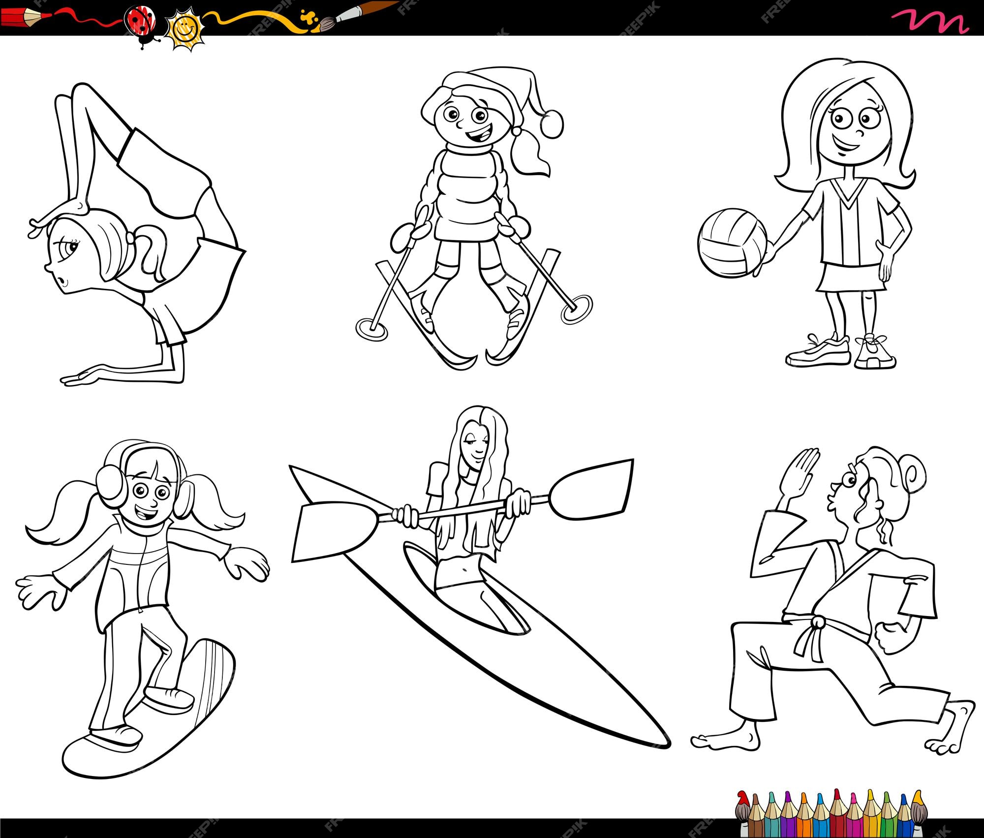 Dibujos animados niñas personajes y deportes set página de libro para colorear | Vector Premium Dibujos animados niñas personajes y deportes set página de libro para colorear | Vector Premium