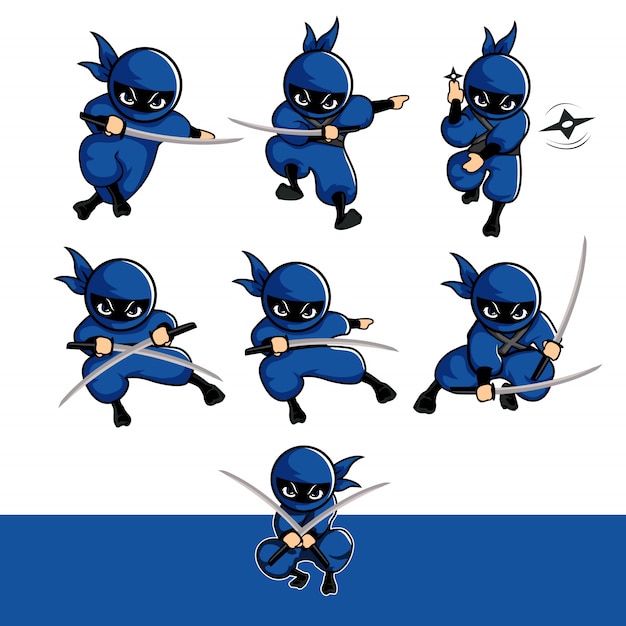 Dibujos animados de ninja azul con espada y dardo