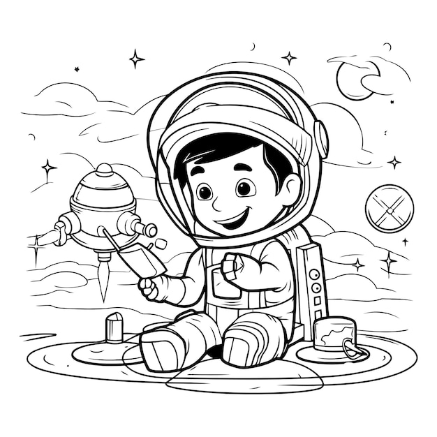 dibujos animados de niño astronauta en la luz de la luna ilustración vectorial diseño gráfico