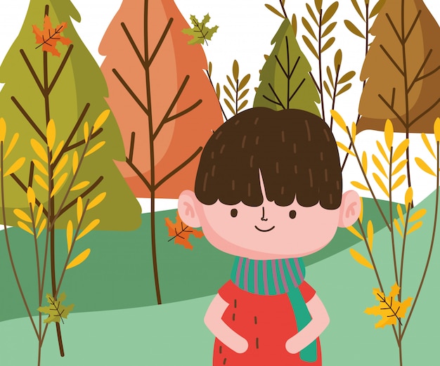 Dibujos animados de niño en diseño de temporada de otoño