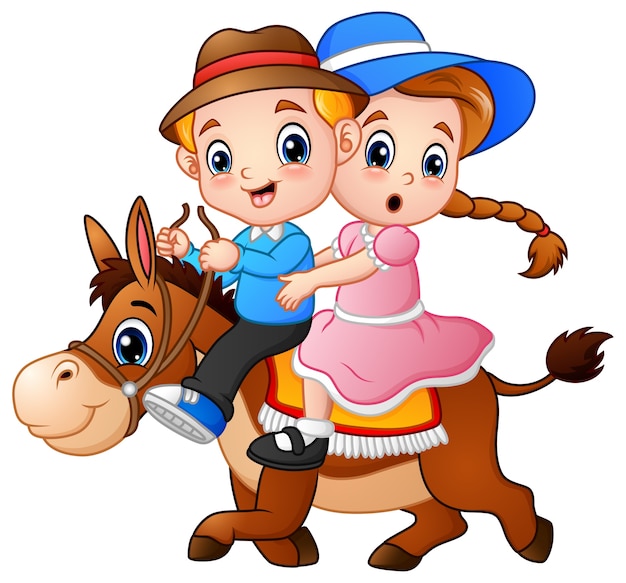 Dibujos animados niño y niña montando un caballo
