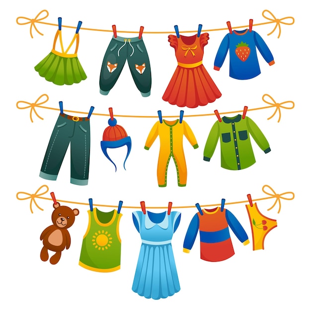 Dibujos animados de niño ropa seca y ropa interior en cuerda Tendedero de vector con blusa y pantalones limpios