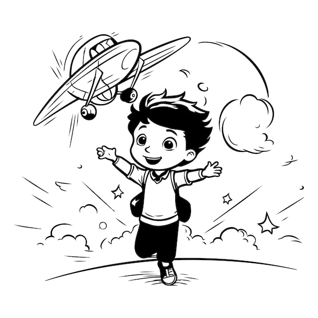Dibujos animados de un niño volando una nave espacial ilustración vectorial de un niño vueling una nave espacial