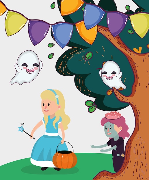 Vector dibujos animados de niños de halloween