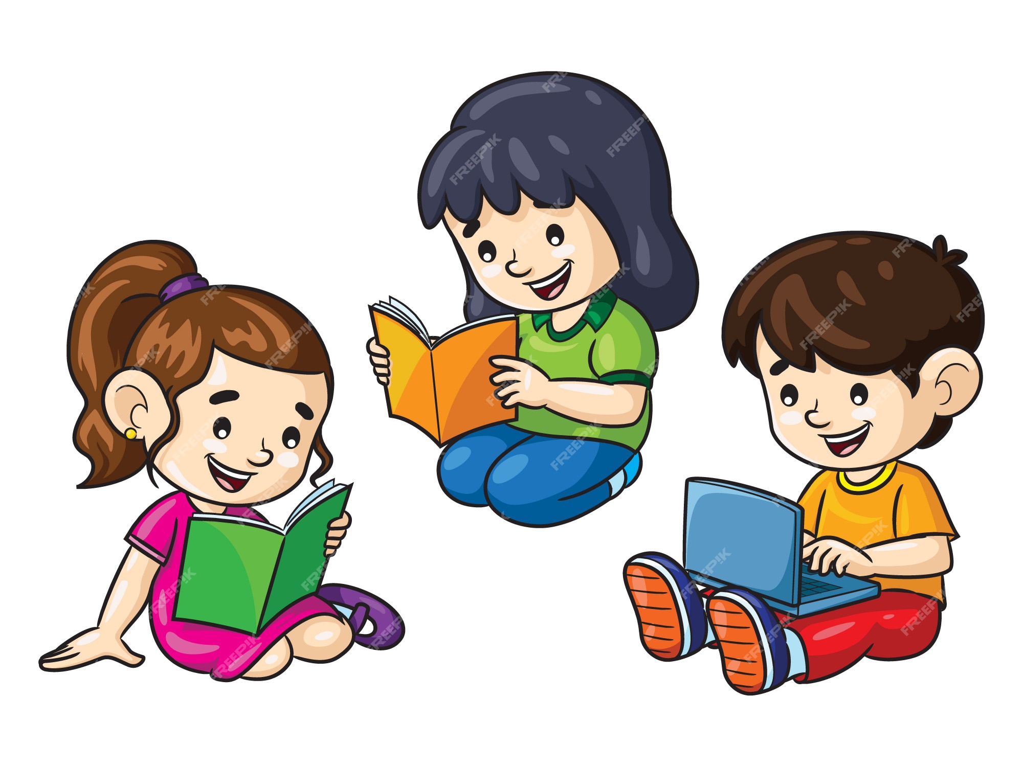 Dibujos animados para niños leyendo libros y laptop | Vector Premium