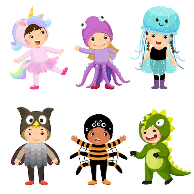 Dibujos animados de niños lindos en disfraces de animales. ropa de carnaval para niños.