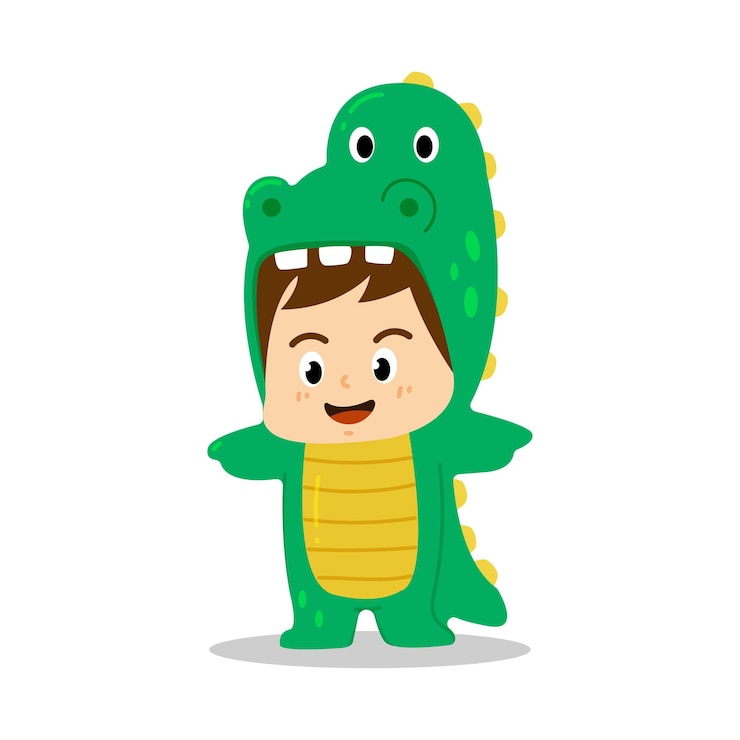 Dibujos animados de niños lindos con traje de dino