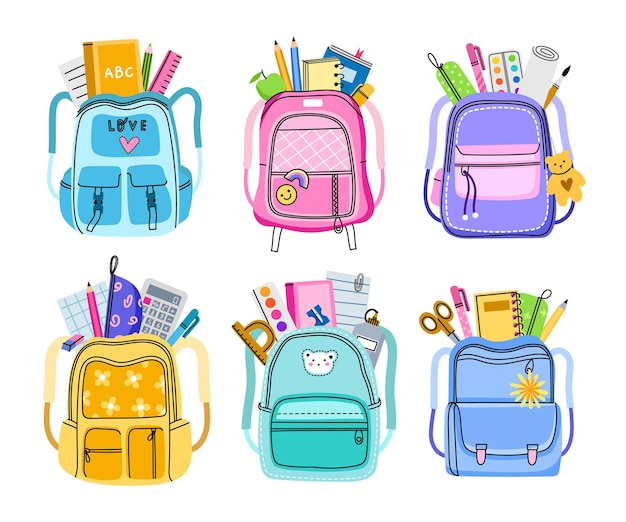 Dibujos animados para niños mochilas y útiles escolares coloridos artículos de papelería que sobresalen de bolsos de hombro abotonados estudiantes accesorios vector conjunto