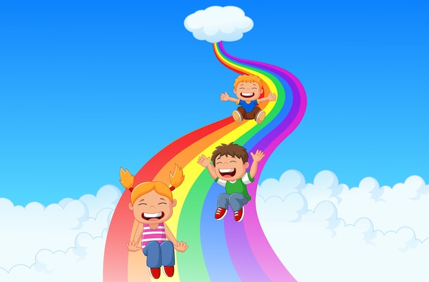 Vector dibujos animados de niños pequeños jugando arco iris de diapositivas