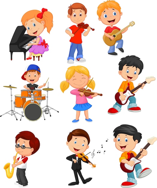 Dibujos animados de niños pequeños tocando música