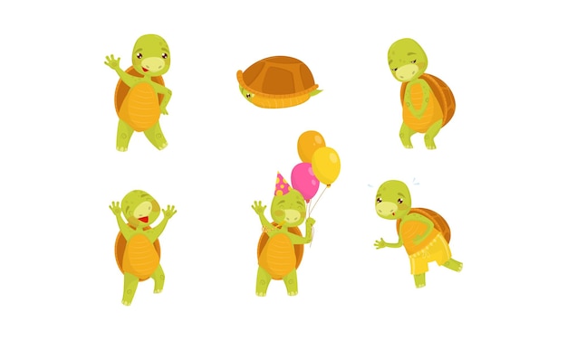 Dibujos animados para niños tortuga personaje vector ilustrado conjunto tortuga sosteniendo globos bailando y agitando la mano colección