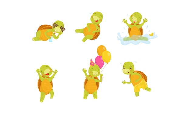 Vector dibujos animados para niños tortuga personaje vector ilustrado conjunto tortuga sosteniendo globos bailando y agitando la mano colección