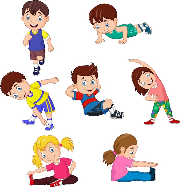 Dibujos animados de niños yoga con diferentes posturas de yoga | Vector  Premium