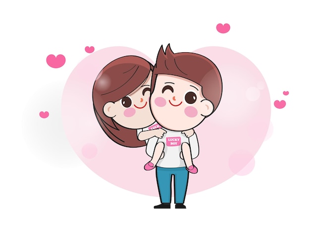 Vector dibujos animados de novios sobre fondo de boda de corazones de color rosa